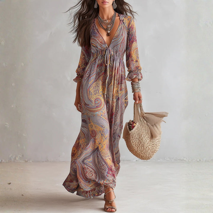 Natalie - Paisley Print V-neck Gathered Chiffon Maxi Dress