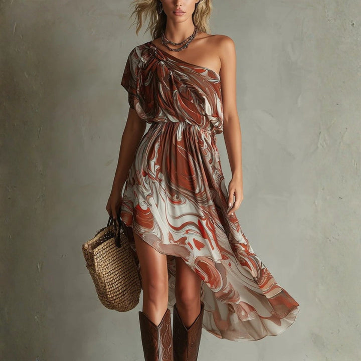 Dawn - Boho One-shoulder Irregular Marble Abstract Print Chiffon Midi Dress