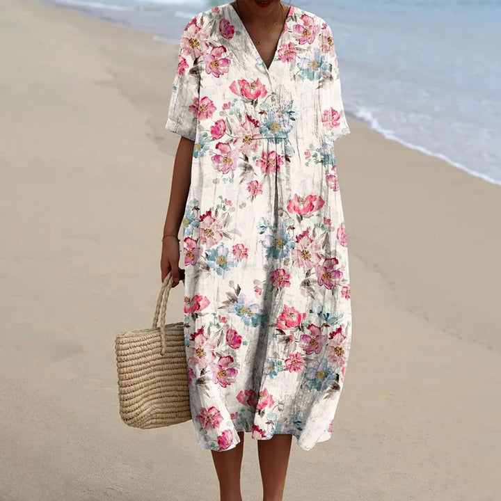 Daphne - Vintage Floral Linen Style Dress