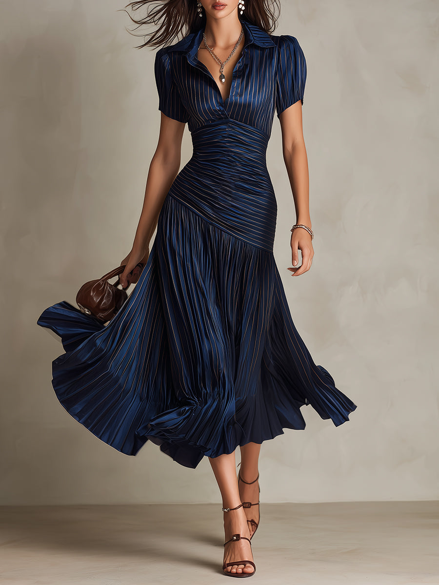 Shelby - Striped Shirt Collar Midi Dress