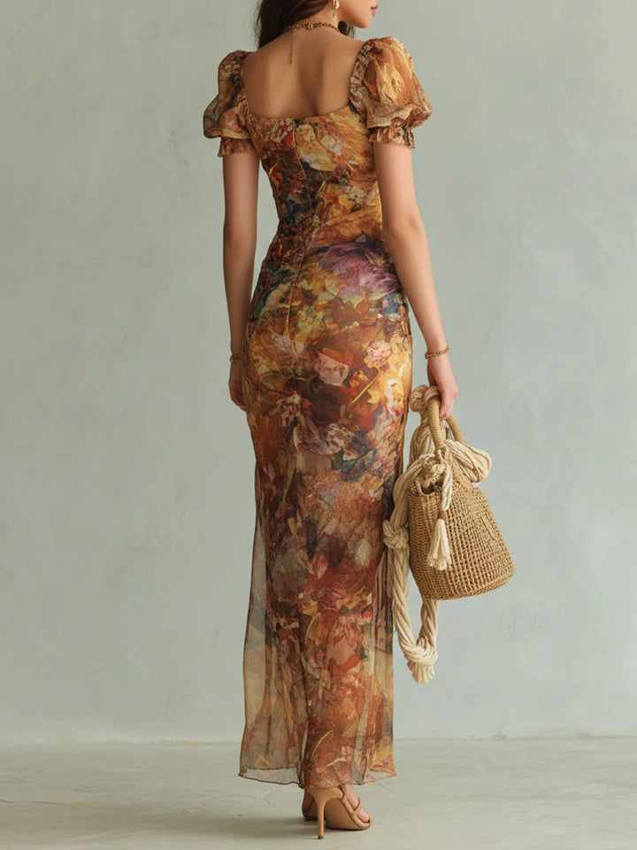 Aria - Long orange chiffon dress with bohemian-style oil painting print