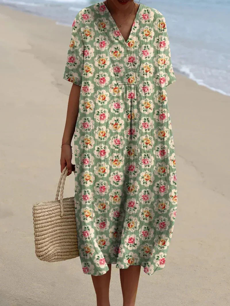 Sophie - Retro Floral Dress in Aqua Green